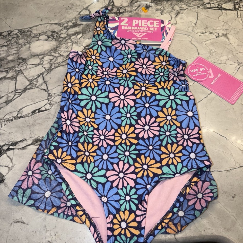 Weather Club Girls Small (7/8) Swimsuit Sarong Set New Floral Daisies